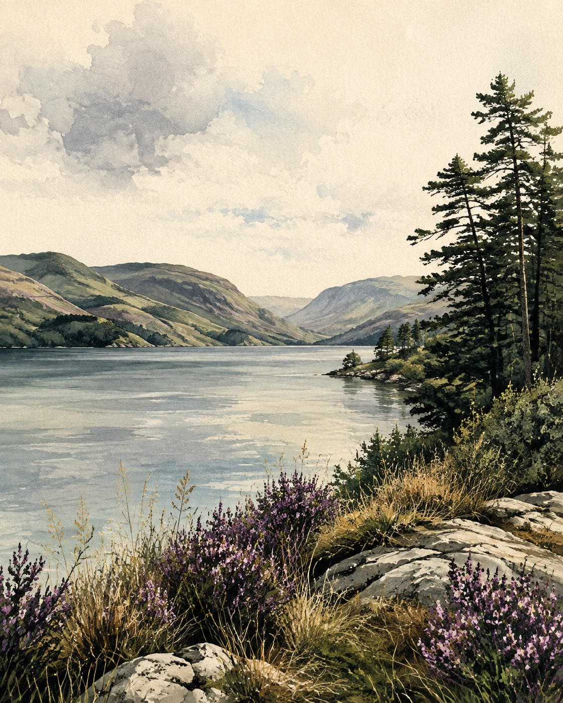 Watercolour illustration of a quiet lough, green hills and heather.