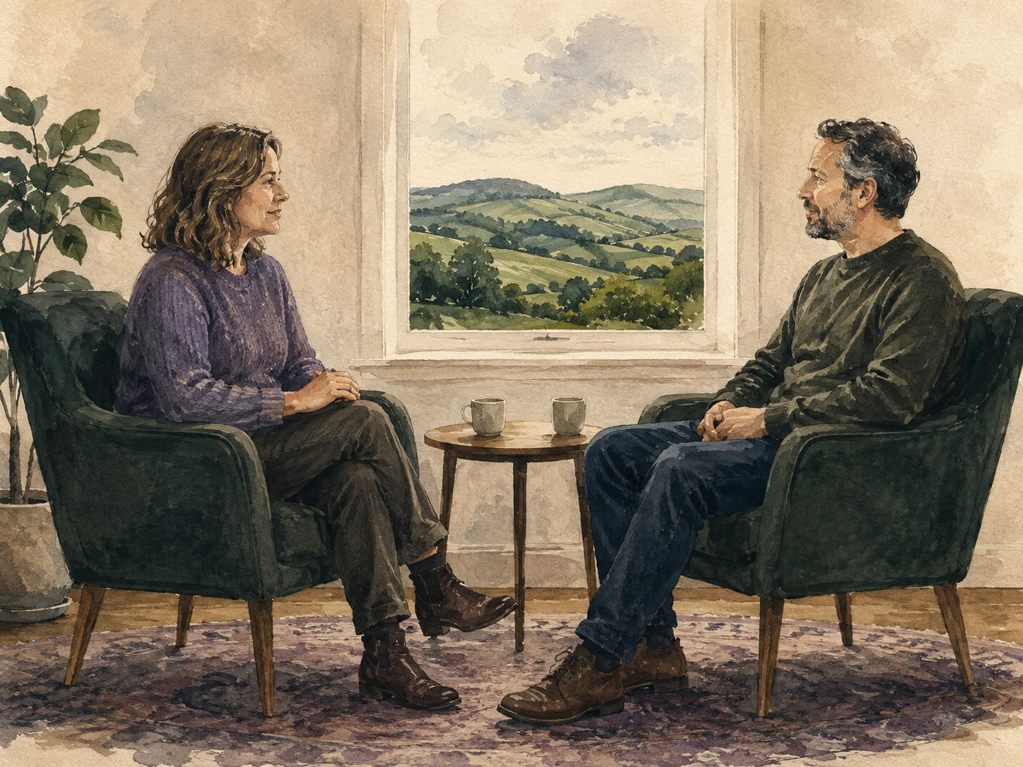 Watercolour illustration of two adults listening to one another in a quiet room, with hills beyond the window.