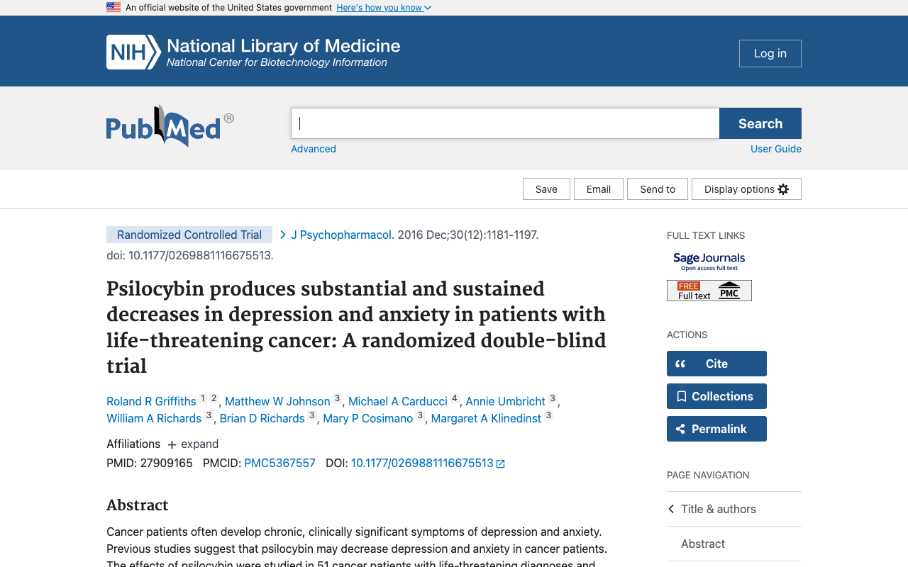 PubMed study on psilocybin for cancer-related anxiety