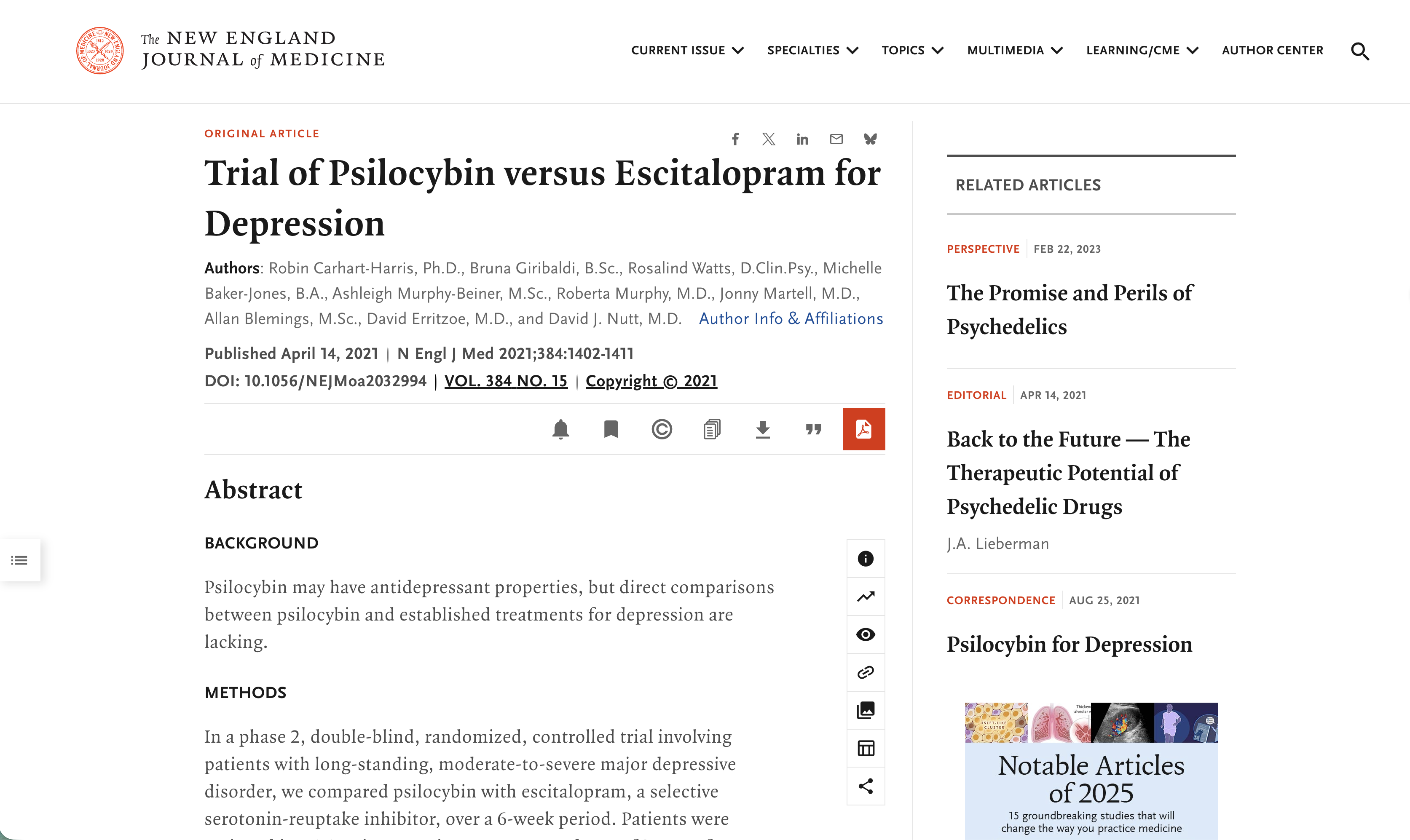 NEJM study on psilocybin versus antidepressants