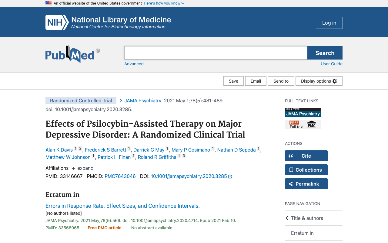 PubMed study on psilocybin for depression
