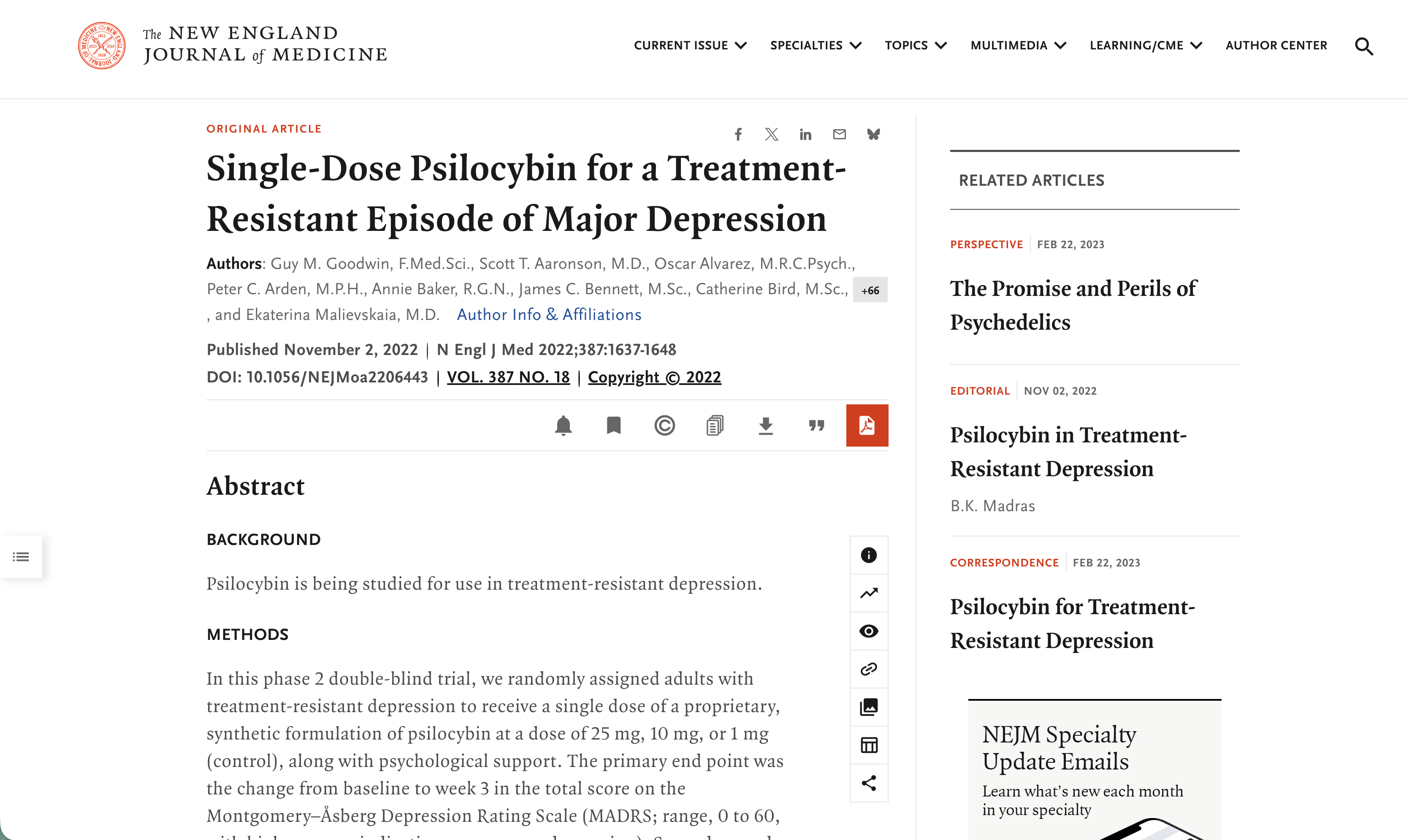 NEJM study on psilocybin for treatment-resistant depression