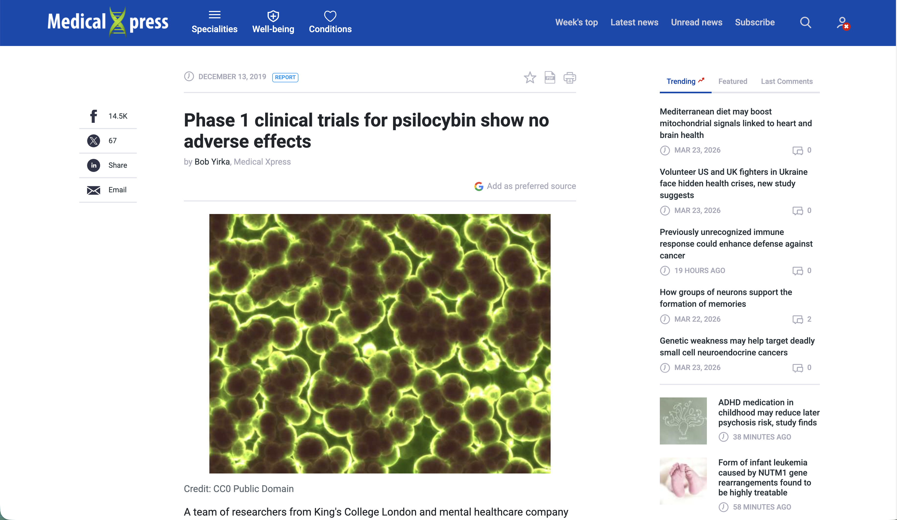 Medical Xpress article on psilocybin clinical trials